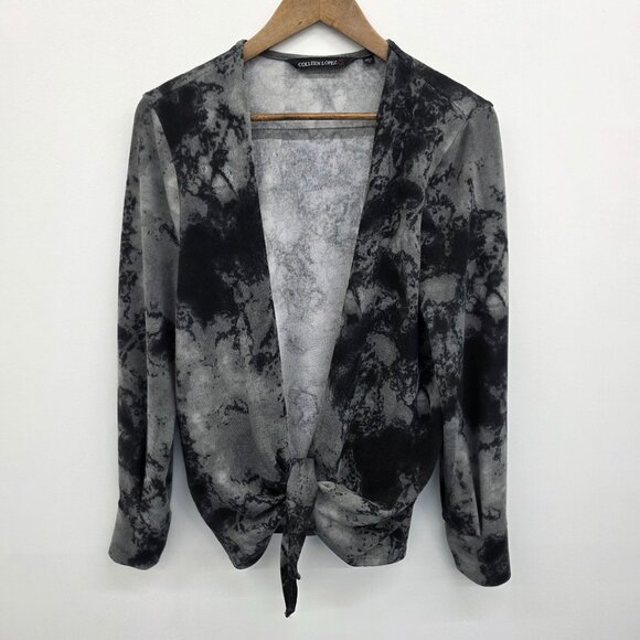 Colleen Lopez Women Open Front Tie Dye Long Sleeve Cardigan Sweater Black Gray M - Picture 4 of 15
